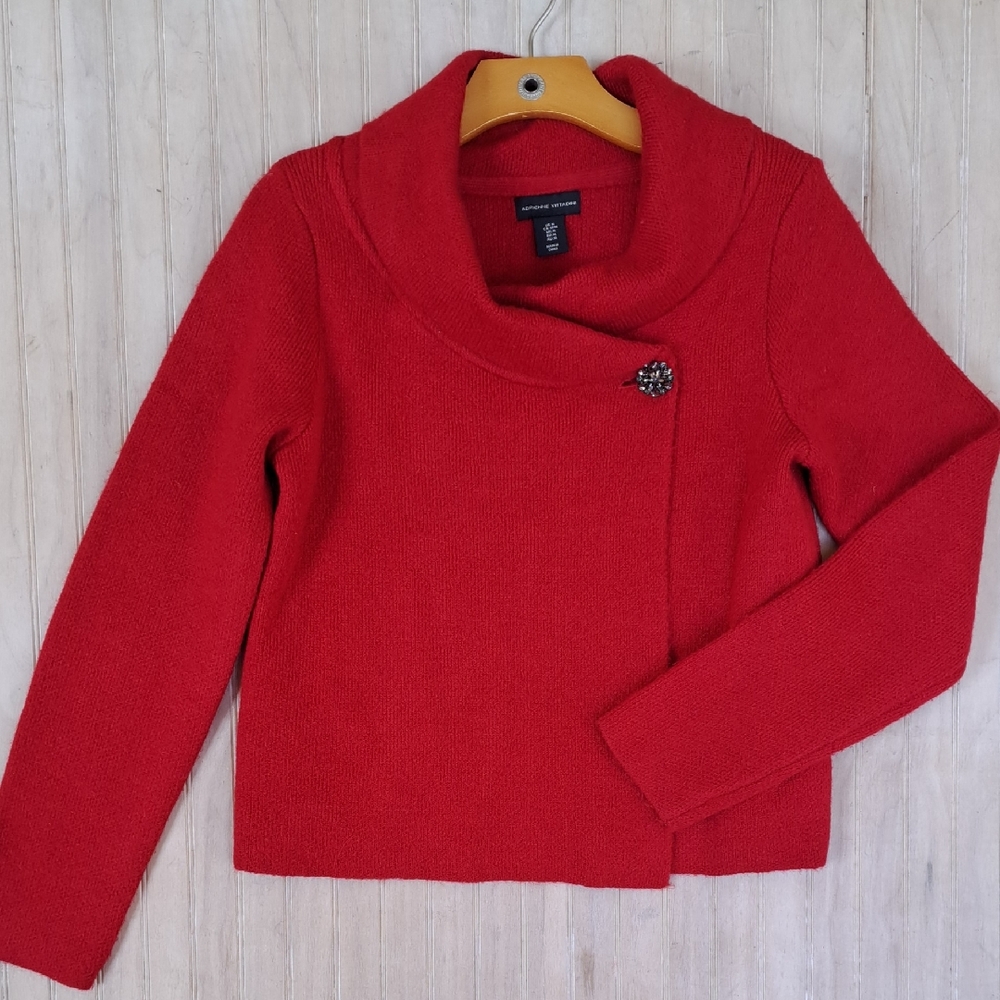 Adrienne Vittadini Red Wool Blend Shawl Collar Sweater Jacket w/ Jeweled Brooch